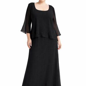 Chelsea Nites Womens Size 14W Black Ankle-Length Beaded Chiffon Evening Dress